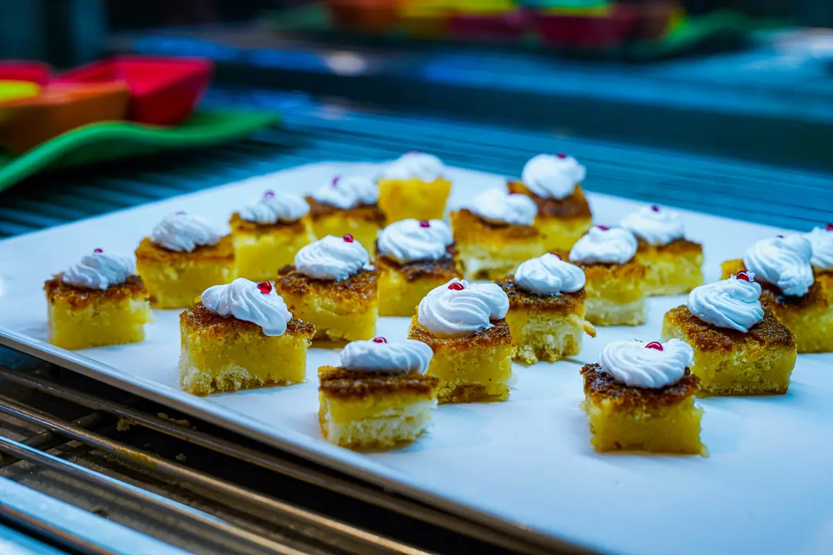 Rows of cream-topped dessert cakes